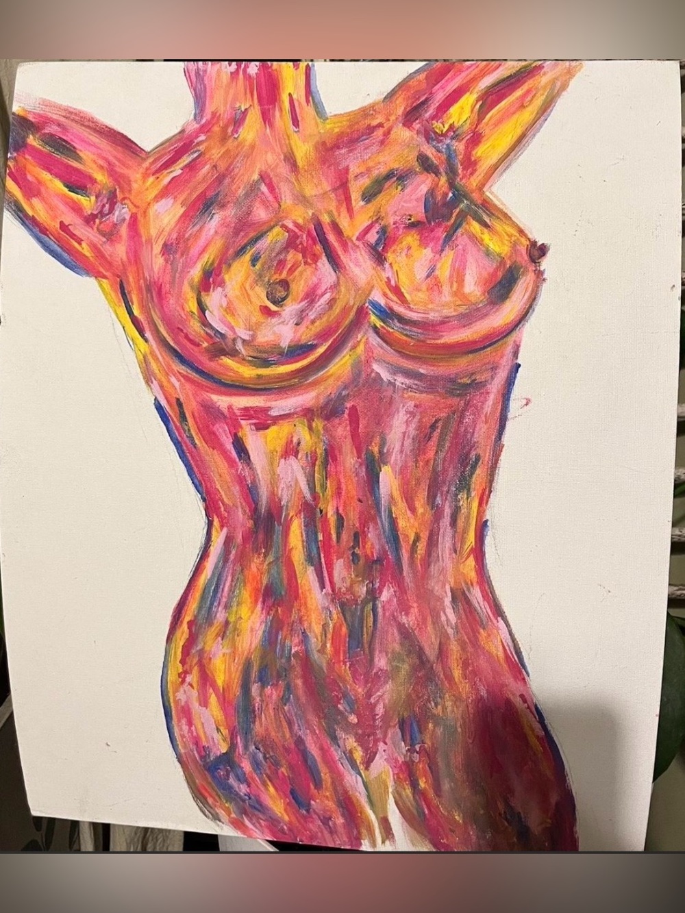 Free People Colorful Abstract Female Torso Painting - Pink, Yellow, Blue